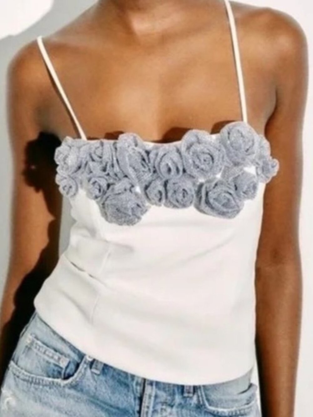NWOT**Zara White Camisole Silver Jeweled Floral Top ** Sz L
